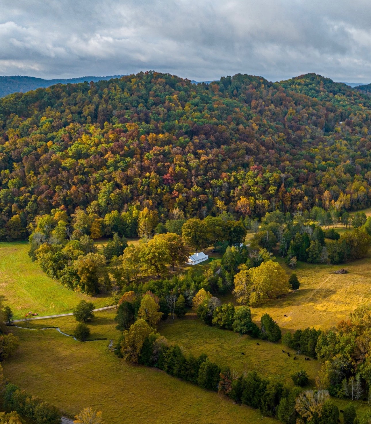 Aerial view of Knoxville Farm nestled in rolling hills