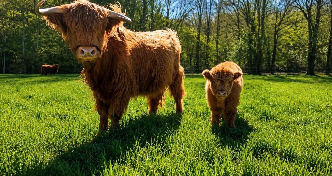 Highland cow and calf in a spring pasture at Knoxville Farm