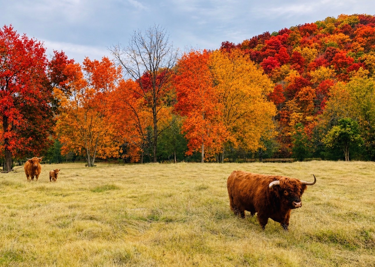Highland cattle grazing near autumn trees on Knoxville Farm